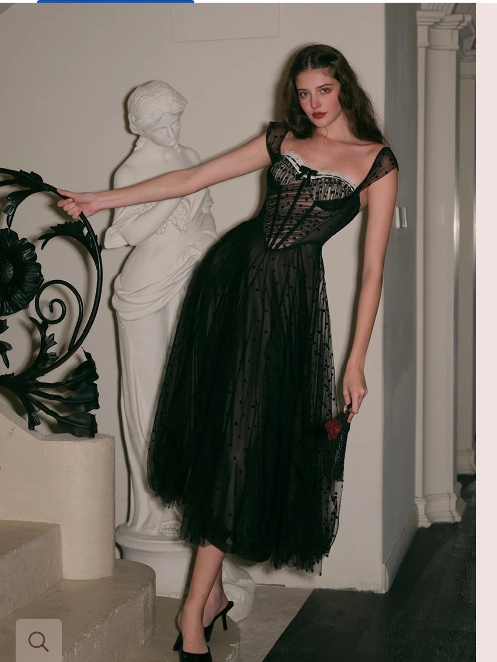 Sheer Black Midi Dress with Polka-Dot Tulle and Corset Bodice